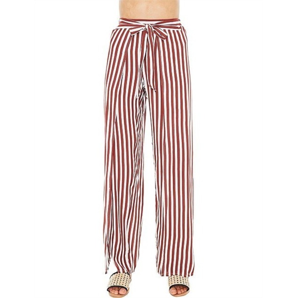 Faithfull The Brand Pants Womens L Rust Stripe Wide Leg Tie Waist Rayon FF911